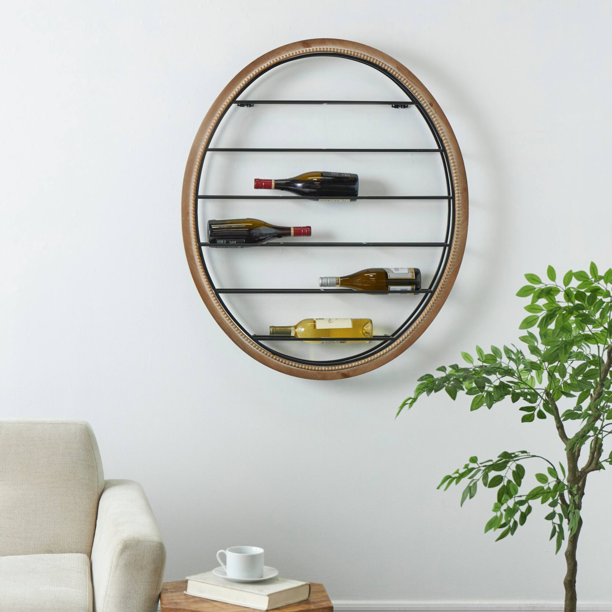 Black Metal Oval 13 Bottle Wall Wine Rack with Beaded Frame